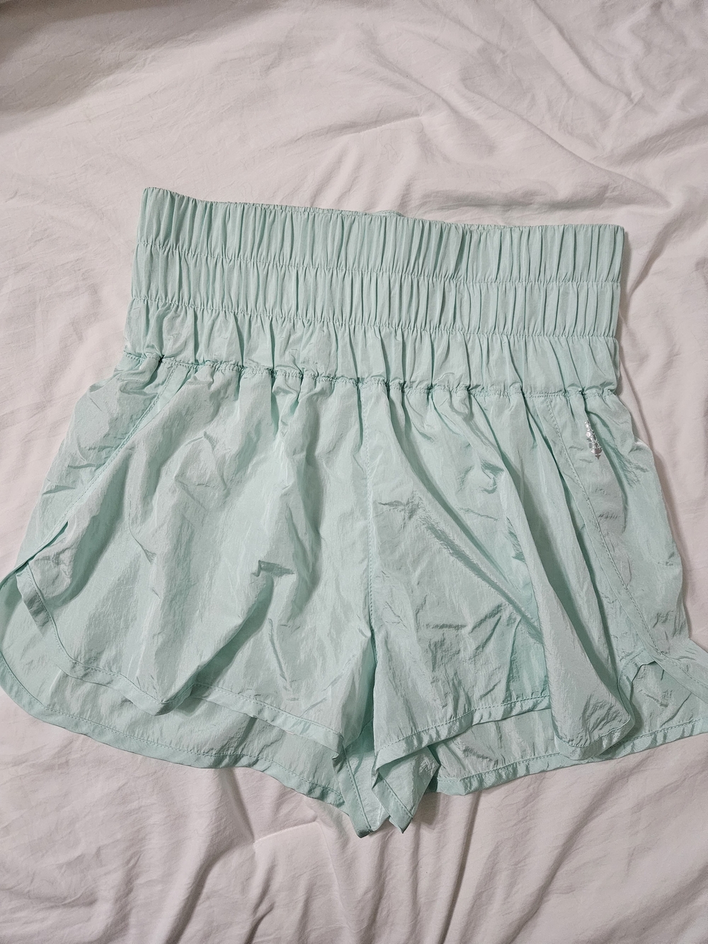 Free People High-Waist Smocked Light Aqua Shorts